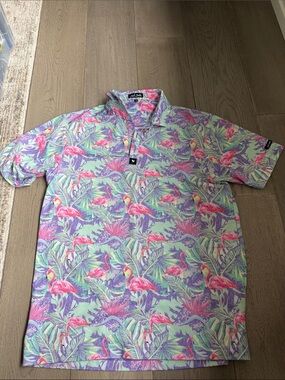 Bad Birdie Men’s Flamingo Polo - Pink, Mint & Lavender